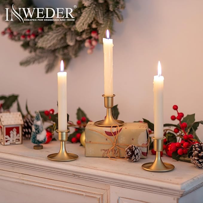Gold Taper Candle Holder Vintage: Small Candle Sticks Holder Decor Brass Candlestick Holders for Home Dinning Table Wedding Centerpiece Holiday Party Chrismas Mantel Set of 6