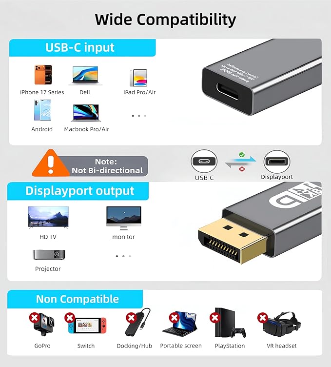 USB C to DisplayPort Adapter with USB C Video Cable, 8K@60Hz Uni-Directional USB C Female to DP Male Adapter, Thunderbolt 4/3 to DP Converter Compatible with i-/Phone 17, Galaxy, MacBok Pro- 1 Pack
