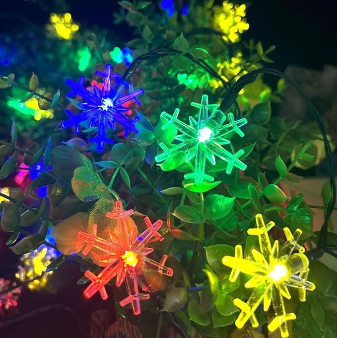 Solar Christmas String Lights Outdoor Waterproof 36ft 60 LED 8 Modes Solar Fairy Snowflake Powered String Lights for Garden Patio Yard Home Christmas Tree Parties(Snowflake-Multicolor-60LED)
