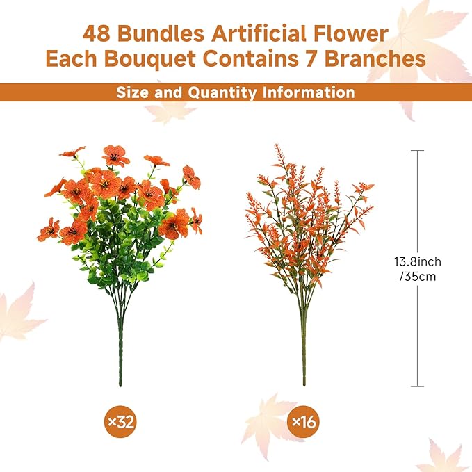 SHareconn 48 Bundles Artificial Fall Flowers for Outdoors Decoration, UV Resistant Silk Eucalyptus Lavender Faux Autumn Fake Plants for Outside Indoor Garden Yard Porch Home Decor, Orange