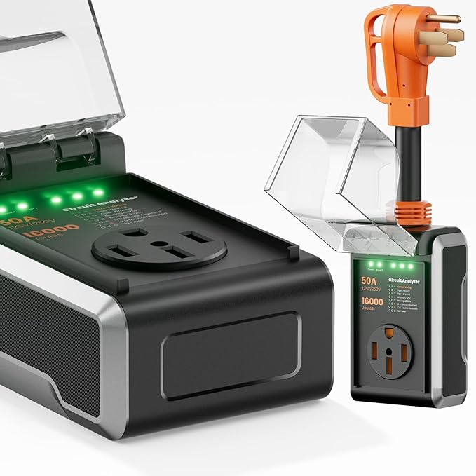 50 amp Surge Protector for RV, 2026 Upgraded 16000J Surge Protection RV Circuit Analyzer, RV Surge Voltage Protector with Waterproof Cover, RV Plug Adapter for Camper, Travel Trailers