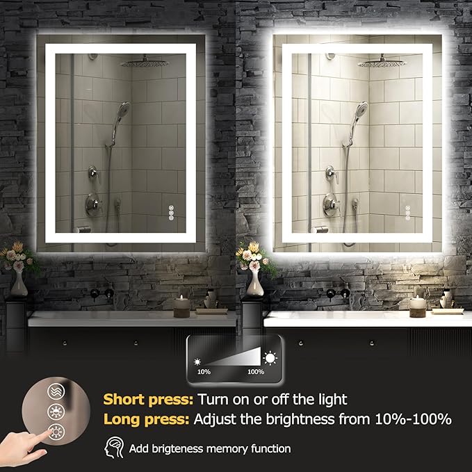 LED Bathroom Mirror with Lights 28x32 Wall Vanity LED Mirror Stepless Dimmable,Double Front and Backlight,Anti-Fog,Memory Smart Mirror for Bathroom