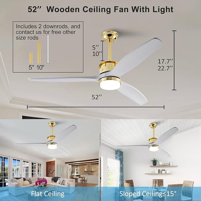 BOJUE 52 Inch Solid Wood Gold Ceiling Fans with Lights and Remote, Reversible Quite DC Motor,6 Speeds with Memory Program,Modern Farmhouse Ceiling Fan with Light for Living Room Patio