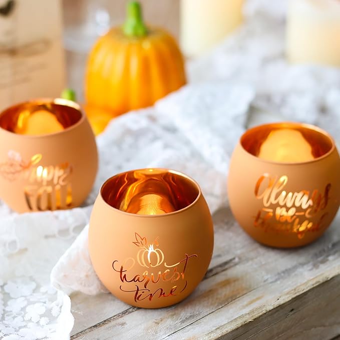 WDHODEC Thanksgiving Candle Holders 6 Pieces Orange Pumpkin Glass Votive Candle Holder for Fall Wedding, Party, Table Centerpiece Décor Thanksgiving Decorations Indoor and Outdoor