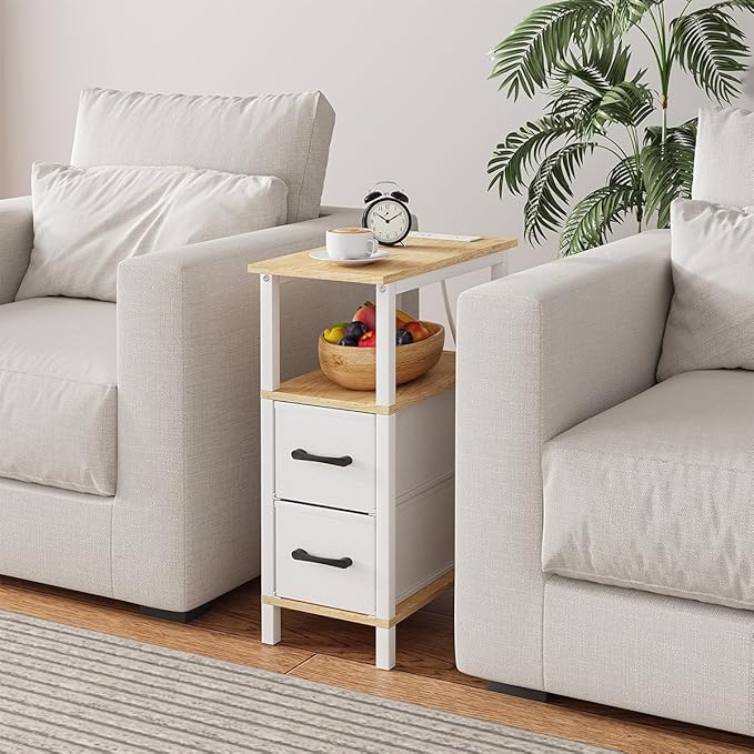 Narrow Side Table for Small Spaces, Skinny End Table with Charging Station, Sofa Beside Table with 2 Fabric Drawers and 1 Open Compartment, Slim Nightstand with USB Ports Outlet, White and Nature Wood