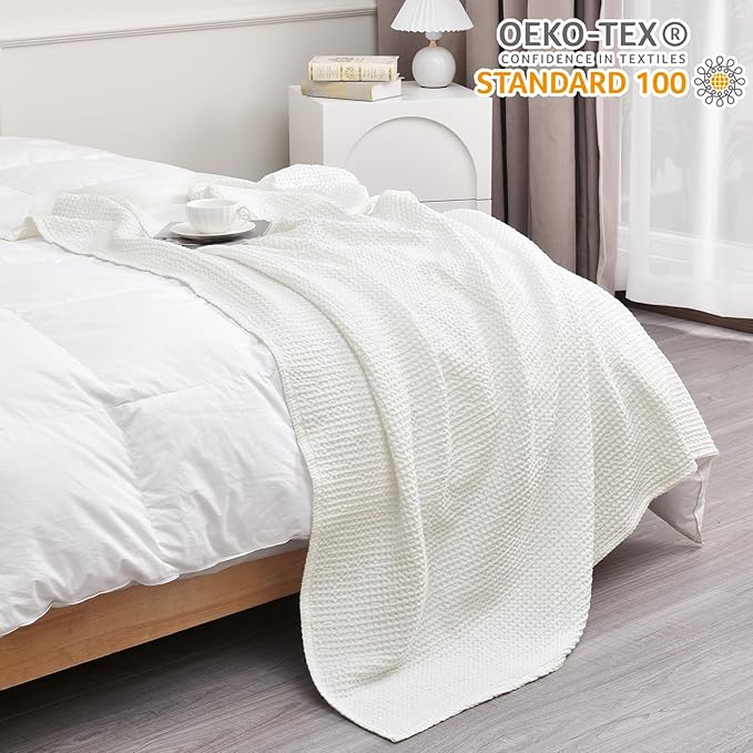 PHF Pre-Washed Cotton Waffle Weave Blanket Throw Size for Couch Bed,Snag Proof Spring Summer Lightweight Breathable,Oeko-TEX Certified,Machine Washable, Home Decor Gift，Cream