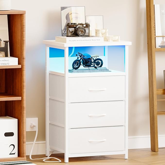 Fixwal White Nightstand with Charging Station, LED Night Stand with 3 Fabric Drawers and Open Shelf, Bedside End Table in Living Room