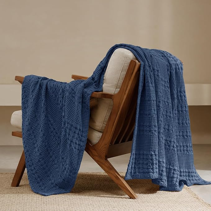 PHF 100% Cotton Waffle Weave Throw Blanket, Soft Lightweight Breathable Cozy Throws for Couch Bed Sofa, Luxury Aesthetic Woven Blanket for Home Decor & Office, 50"x60", Blue Sapphire