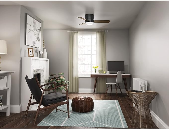 Hunter 44 inch Indoor Ceiling Fan with Light and Remote Control - For Bedroom or Living Room, Low Profile Mount, Black Modern Ceiling Fan with LED Light, Quiet, 3 Blades - Minimus 59453, Matte Black