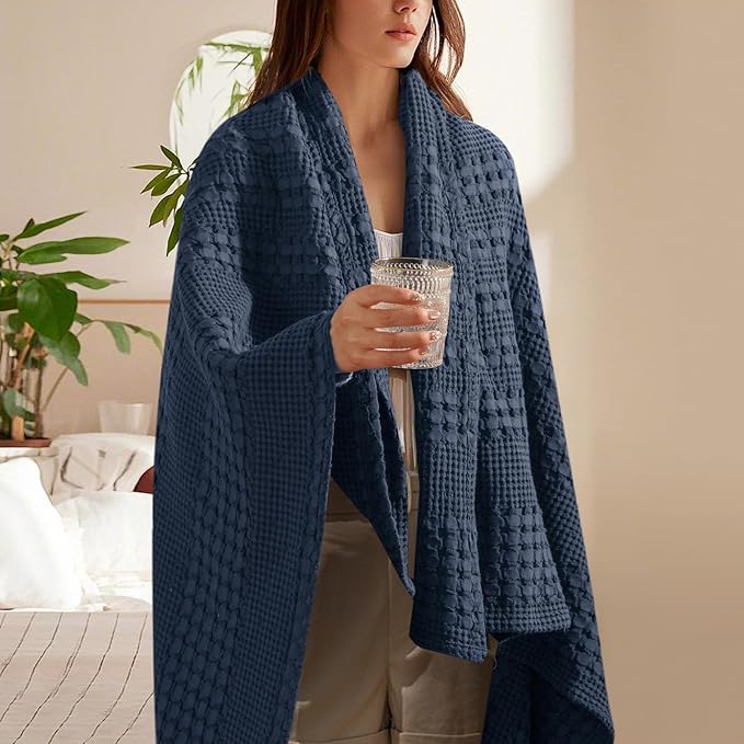 PHF 100% Cotton Waffle Weave Throw Blanket, Soft Lightweight Breathable Cozy Throws for Couch Bed Sofa, Luxury Aesthetic Woven Blanket for Home Decor & Office, 50"x60", Indigo