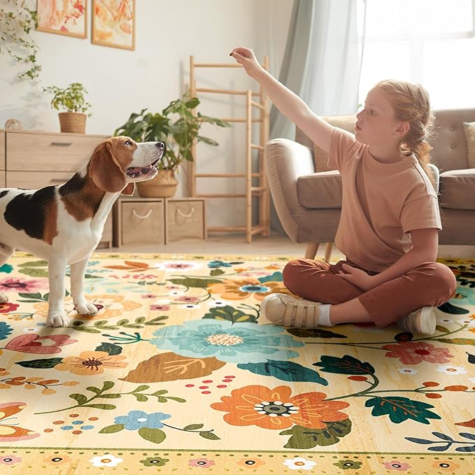 Floral 9x12 Area Rug Machine Washable Soft Print Boho Carpet Non Slip Doormat Low Pile Flower Area Rugs for Living Room Bedroom Nursery Kitchen Dining Room Indoor-Ivory/Yellow