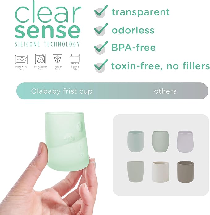 Olababy First Cup | Clear Sense 100% Silicone Infant Trainer Cup | 2oz Medicine Cup for Newborn | Non-Slip & Sloping Design for Tiny Hands & Baby Led Weaning (Mint, 1 Cup)