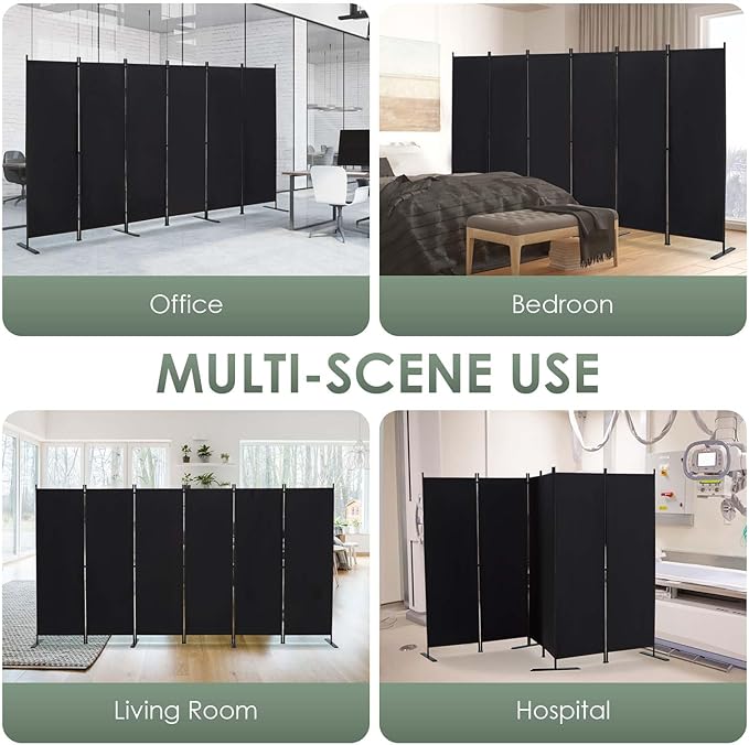 RANTILA 6 Panel Room Divider, 6 FT Folding Privacy Screen with Wide Feet, Freestanding Partition for Room Separation, Portable Room Divider Panel, 133" W x 71" H, Black
