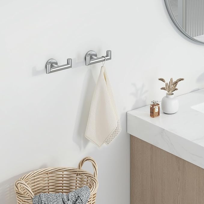 Angle Simple Towel Hook Brushed Nickel 2 PCS, SUS304 Stainless Steel Double Robe Hook, Bathroom Towel Holder, Wall Mount