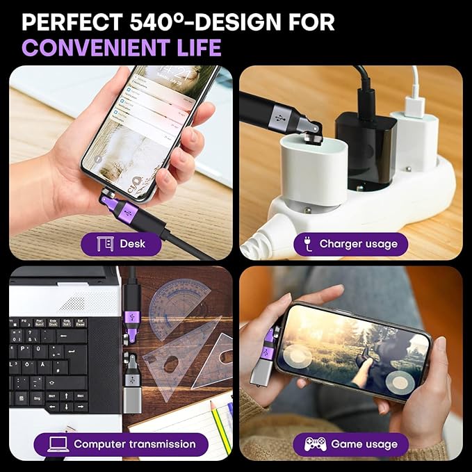USB Adapter Type C to A 2 Pack 180° & 360° Rotation USB2.0 480Mbps Phone OTG Port Fast Charge Extender with LED Indicator (Purple)