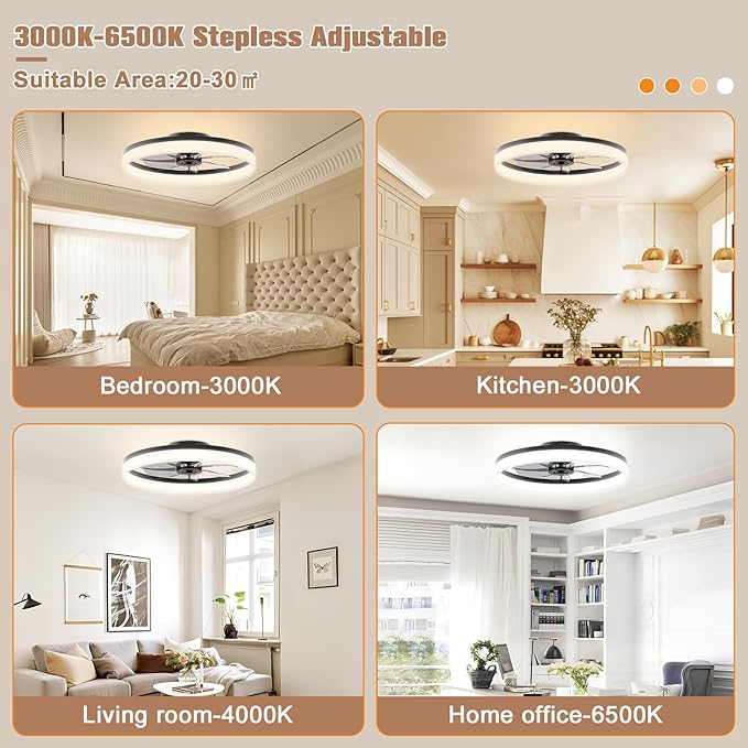 VOLISUN Low Profile Ceiling Fans with Lights and Remote, 23.6in Flush Mount Ceiling Fans with Light, 3000K-6500K Dimmable Fandelier LED Fan Light, Bladeless Ceiling Fan with Lights for Bedroom(Black)
