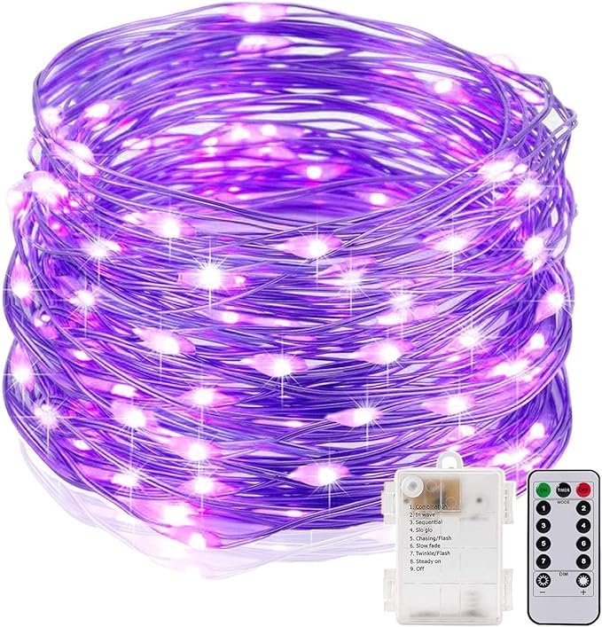 String Lights,LED Copper Wire Lights, Each Set 33ft/10M 100LEDs and 5 Remote Control.AA Battery Powered,Decor Rope Lights for Holiday,Wedding, Parties.(Purple)