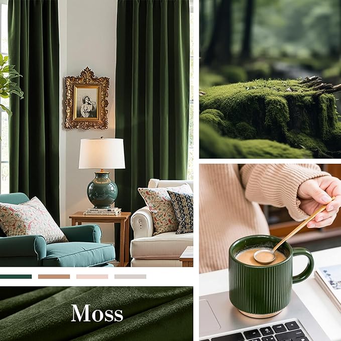 Lazzzy Velvet Blackout Curtains Thermal Insulated Room Window Drapes Super Soft Luxury Curtains for Living Room Bedroom Rod Pocket 2 Panels, Moss, 52" W x 96" L