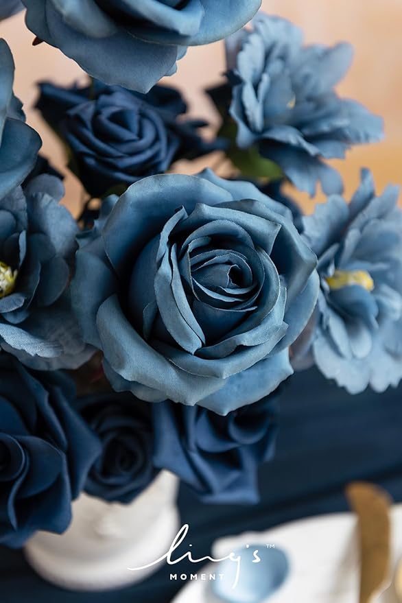 Ling's Moment Artificial Flowers Fake Silk Poppy Faux Foam Roses Combo for DIY Wedding Bouquets Centerpieces Arrangements Bridal Shower Party Home Decorations, Nautical Navy, 25pcs