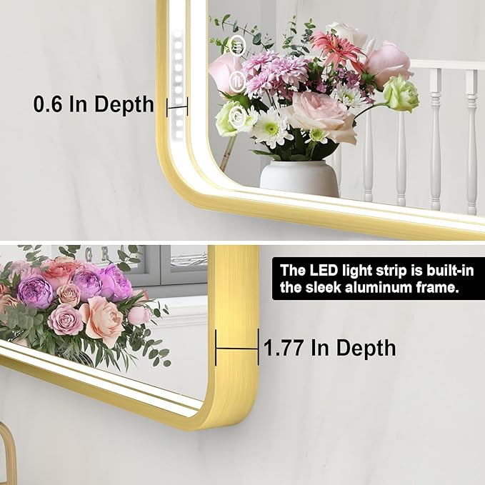 LED Bathroom Mirror with Lights, 32x32 Inch Gold Metal Framed LED Mirror for Bathroom, 3 Colors and Stepless Dimmable Wall Mounted Lighted Bathroom Vanity Mirror, Anti-Fog, Memory