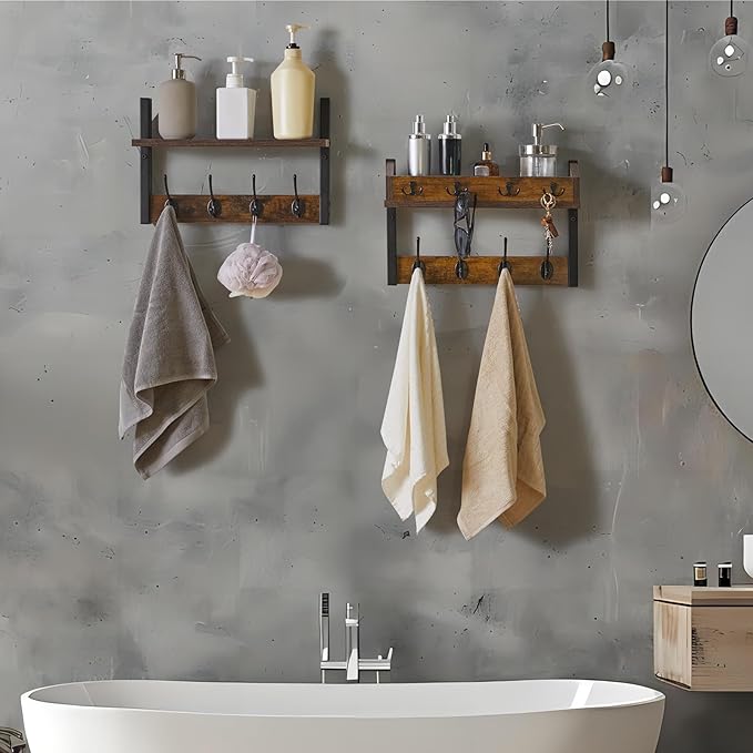 YMYNY 31.5" Coat Rack Wall Mount with Shelf, 4 in 1 Key and Coat Hanger with 12 Metal Hooks, Wall Shelf with Hooks & Mail Holder for Living Room, Bedroom, Rustic Brown, HWS007H-2