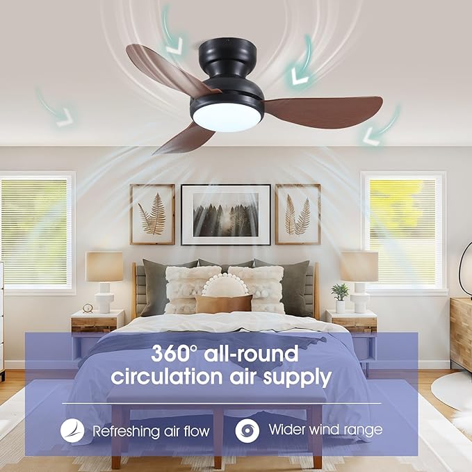 36 Inch Modern Ceiling Fans with Lights, Small Flush Mount Ceiling Fan with Light and Remote/APP Control, 3 Reversible 6 Speeds Curved Blades, 3 CCT Dimmable Lights for Bedroom, Brown