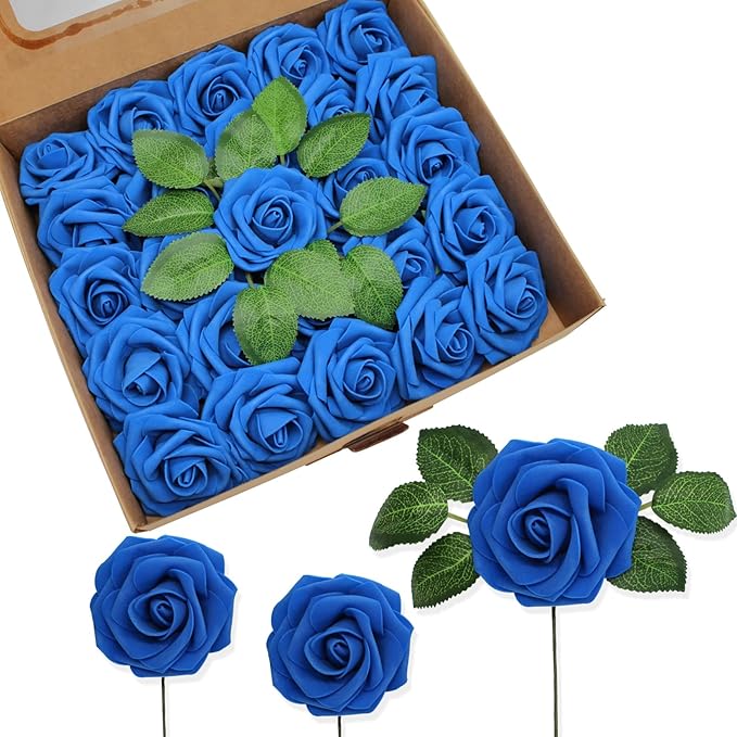 JOYLEX 100Pcs Royal Blue Artificial Flowers Realistic Roses, Real Looking Fake Roses with Stem for DIY Wedding Bouquets Centerpieces Bridal Shower Party Home Romantic Decorations (Blue, 100pcs)