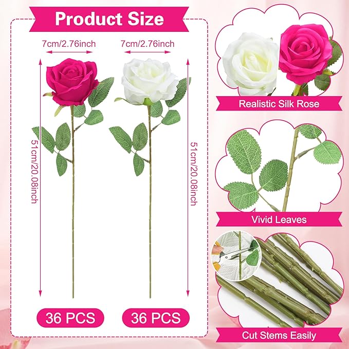72 Pcs Hot Pink, White Artificial Roses, Bulk Fake Silk Flowers for Wedding Arch, Centerpieces, Vase Filler, Party Decor (36 Pink + 36 White)