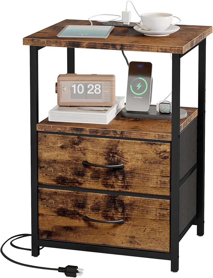 Fixwal Rustic Brown Night Stand with Charger Station, Nightstand with Charging Station & Fabric Drawers