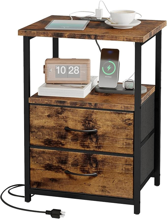 Fixwal Rustic Brown Night Stand with Charger Station, Nightstand with Charging Station & Fabric Drawers