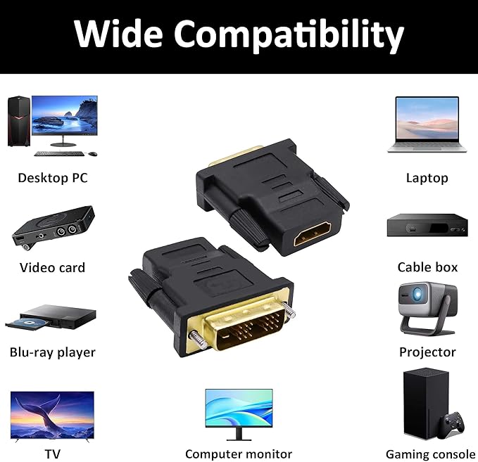 DVI to HDMI Adapter Bi-Directional DVI-D 18+1 Male to HDMI Female Converter Single Link Full HD 1080P@60Hz Adapter Connector for Computer Monitor HDTV LCD/DVD -2pcs