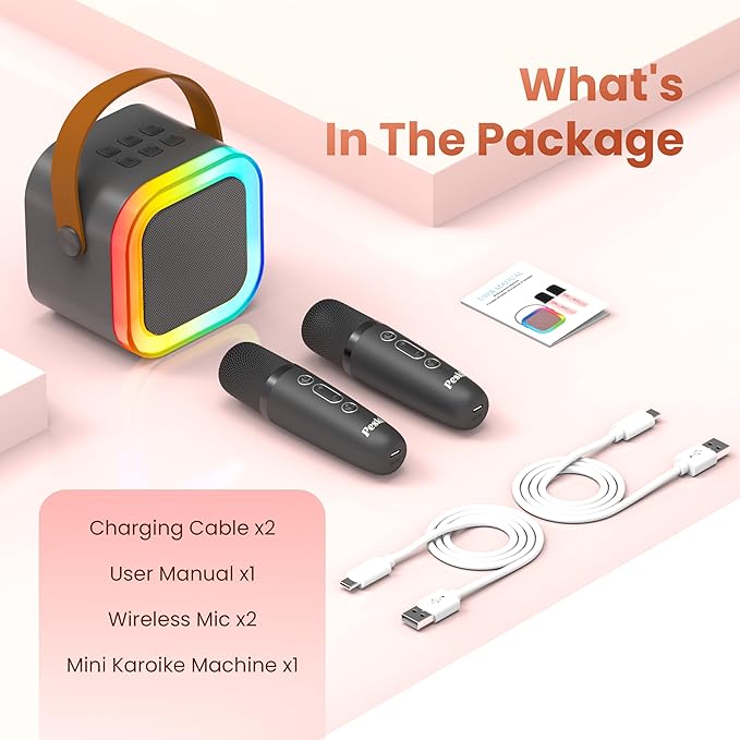 Mini Karaoke Machine for Kids Adults, Portable Karaoke Microphone Singing Speaker Bluetooth Karaoke Player with 2 Wireless Mic, Birthday Gifts for Girls Boys 4-12 Year Old, Family Home Party(Grey)