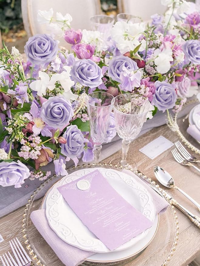 MACTING Artificial Lavender Flowers 30PCS Real Touch Fake Flowers with Stem Soft Foam Roses DIY Wedding Bouquet Boutonniere Table Centerpieces Party Spring Summer Home Decor