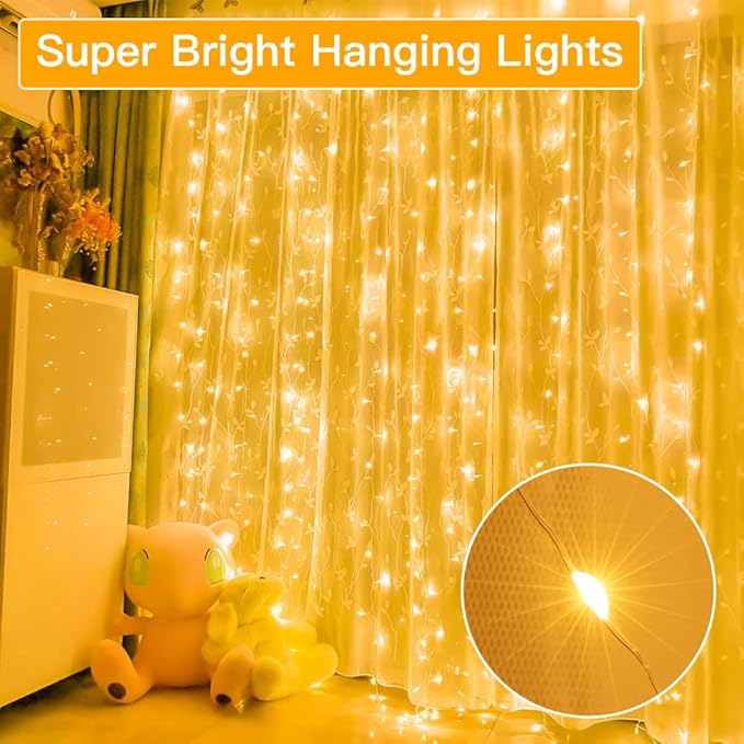 Ollny Silver Copper Wire Fairy Lights Curtain 200 LED 6.6x6.6ft, USB Warm White Curtain Lights with Hook, Waterproof Window Light for Bedroom Backdrop Wall Outdoor Indoor Decorations