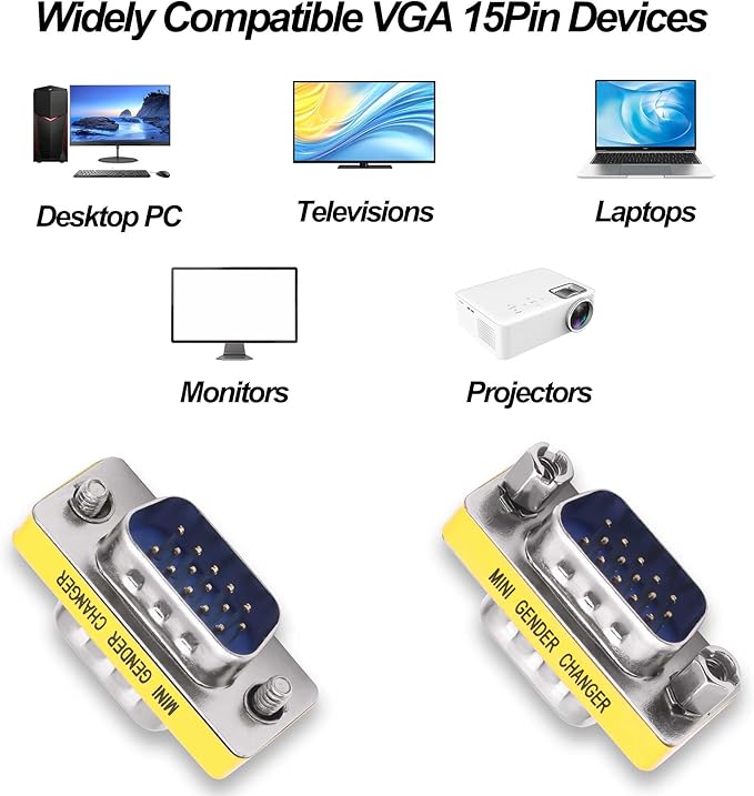 DB15 VGA Gender Changer Solderless Connector Male to Male Adapter D-SUB HD 15 Pin Serial Cable Coupler for PC Monitors Projectors-4pcs