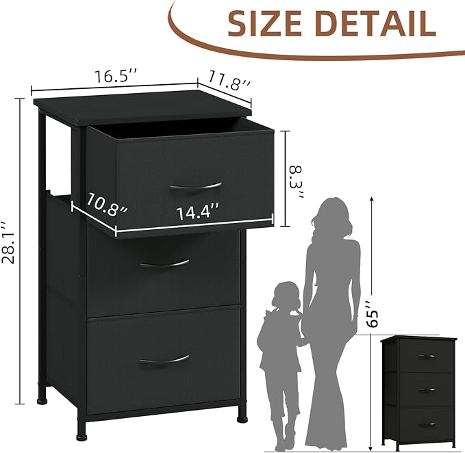 Somdot Dresser for Bedroom with 3 Drawers, Storage Organizer Chest of Drawers with Removable Fabric Bins for Closet Bedside Living Room Laundry Entryway Hallway, Black