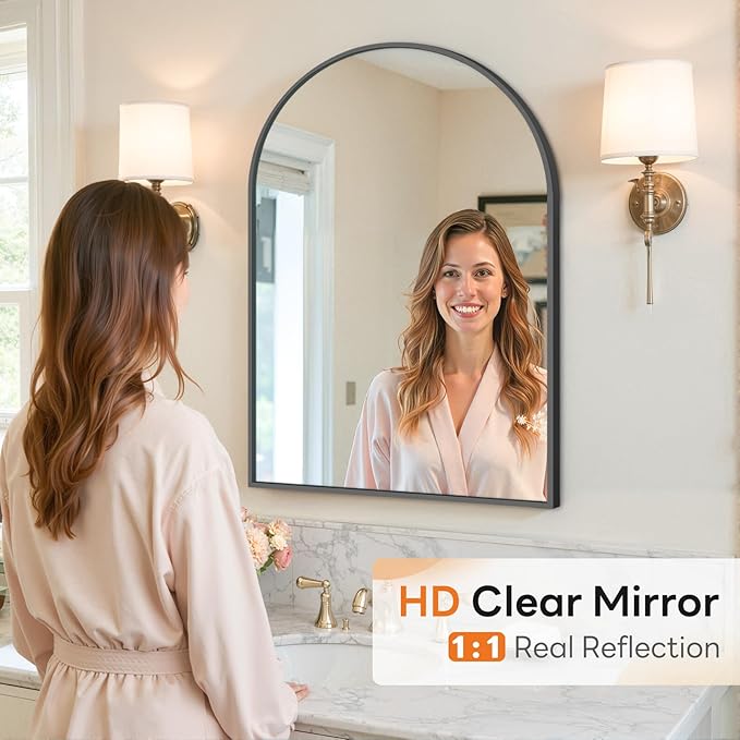 Sweetcrispy Arched Bathroom Mirror 30x20.5 Inch Black Metal Framed Arch Vanity Mirror for Wall, Over Sink, Farmhouse, Restroom, Anti-Rust, Modern Decorative, Hanging or Leaning