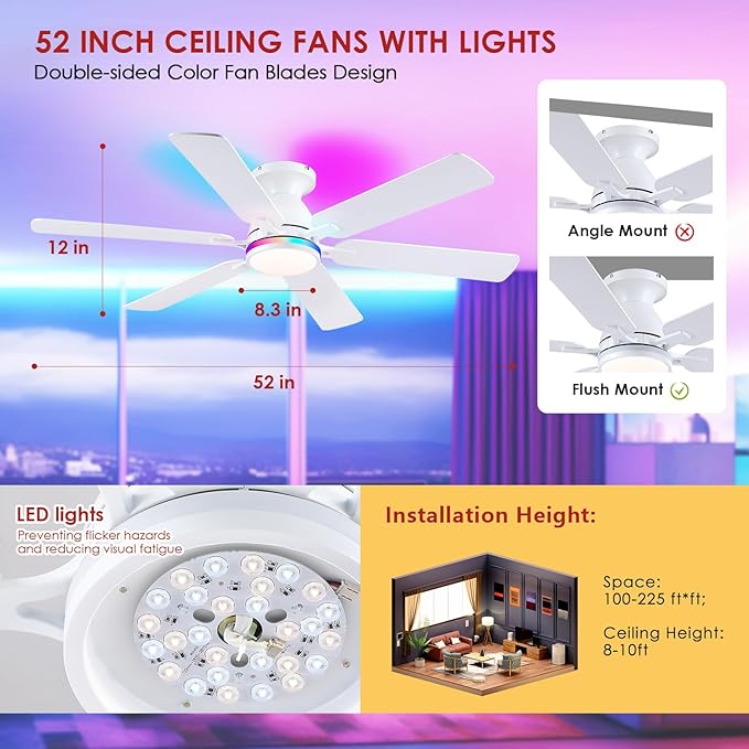 Ceiling Fans with Lights- 52" RGB Low Profile Indoor Ceiling Fan with Light and Remote/APP Control, Flush Mount, 6 Blade, LED Dimmable DC Reversible Modern Ceiling Fan for Bedroom（White）