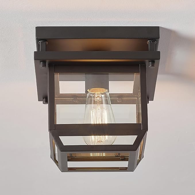GLOBE Electric 44779 Sorrell 1-Light Outdoor Flush Mount Ceiling Light, Dark Bronze, Clear Glass Shade,Brown, Bulbs Not Included