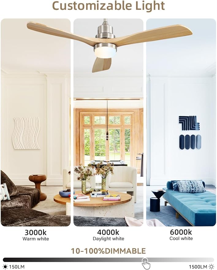 Sofucor 52 Inch Smart Ceiling Fans with Lights and Alexa/Google Assistant/APP/Remote Control-Modern Outdoor 3 Solid Wood Blades Ceiling Fan for Bedroom Living Room Patio, Sandy Nickel&Natural Wood
