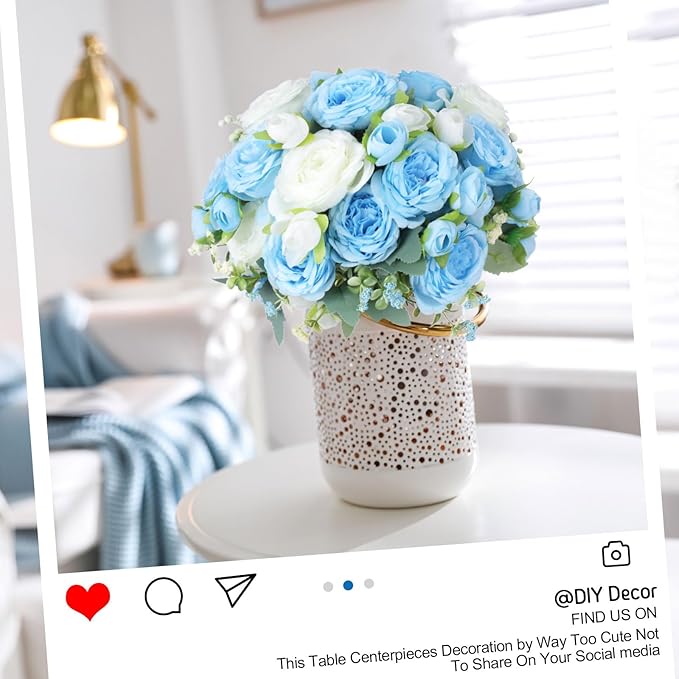 Geosar 8 Bundles Artificial Peonies Flowers Fake Silk Peony Bouquet Faux Peonies Flowers Bulk for Decoration Vase Floral Arrangements Wedding Party Table (Blue,White)