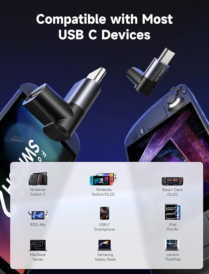 JSAUX 90 Degree USB C to USB C Adapter 2-Pack, 100W 40Gbps Data Transfer Right Angle Type-C Adapter for Steam Deck, Switch 2, ROG Ally, iPhone Air, iPhone 15/16/17 Series and More USBC Devices - Grey