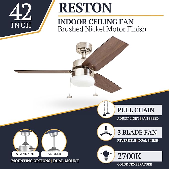Prominence Home Reston, 42 Inch Modern Farmhouse LED Ceiling Fan with Light, Pull Chain, Dual Mounting Options, Dual Finish Blades, Reversible Motor - 51014-01 (Brushed Nickel)