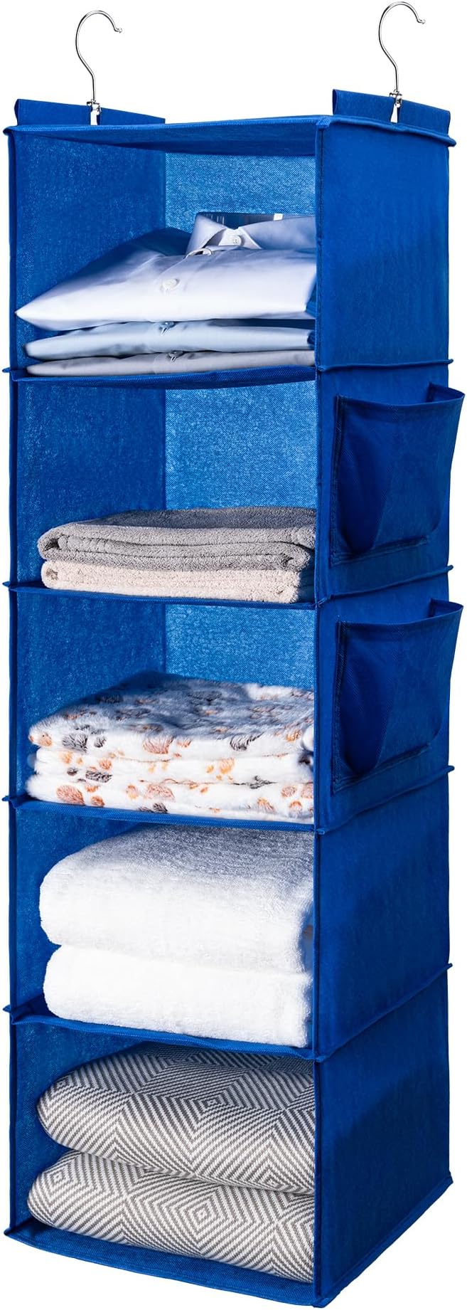 BOOMIBOO Hanging Closet Organize and Shelves，5-Hanging Shelf with 2 Side Pockets，Storage Foldable （Blue）