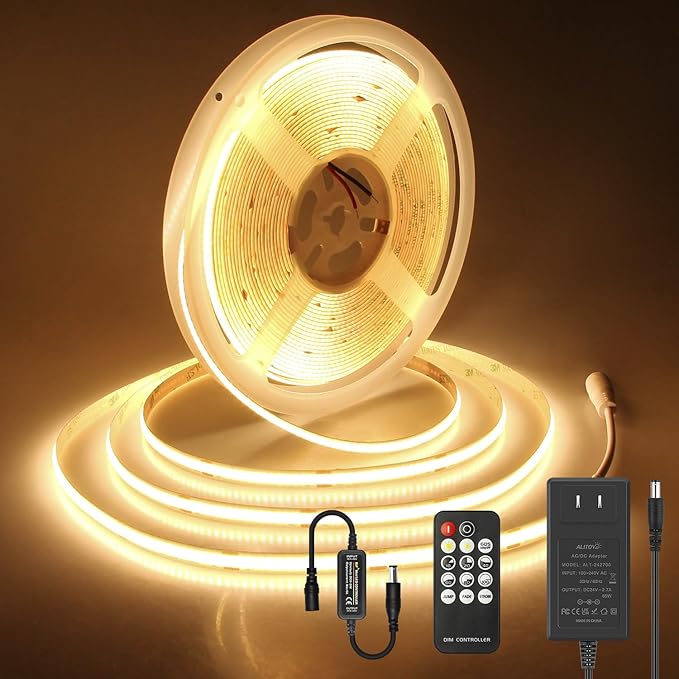 ALITOVE 32.8ft COB LED Lights for Bedroom with Remote Warm White 3000K Dimmable LED Strip Lights CRI90+ High Density 3200LEDs Flexible 24V LED Tape Light for Cabinet Home Indoor Lighting Decoration