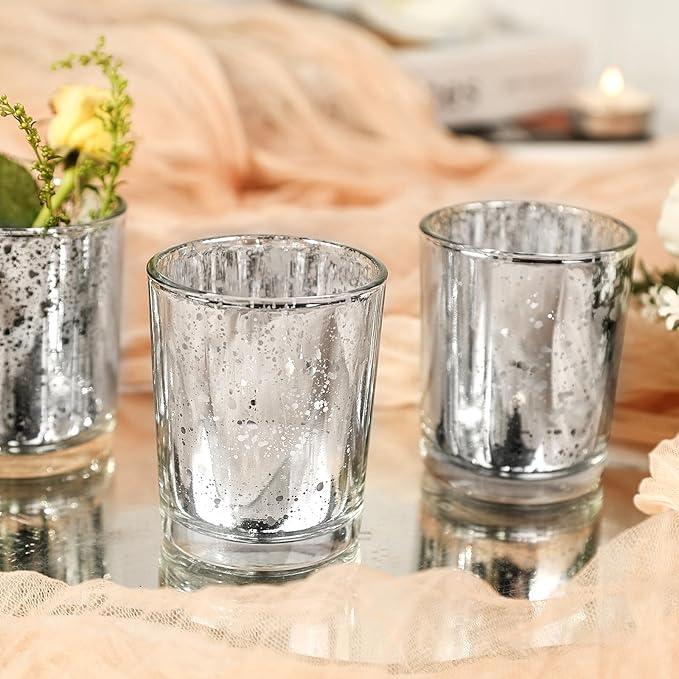 24 Pcs Silver Votive Candle Holders, Speckled Mercury Silver Glass Candle Holder Bulk for Wedding Centerpiece Table Decor, Tea Lights Candle Holder for Valentines Day Decor, Home Decor