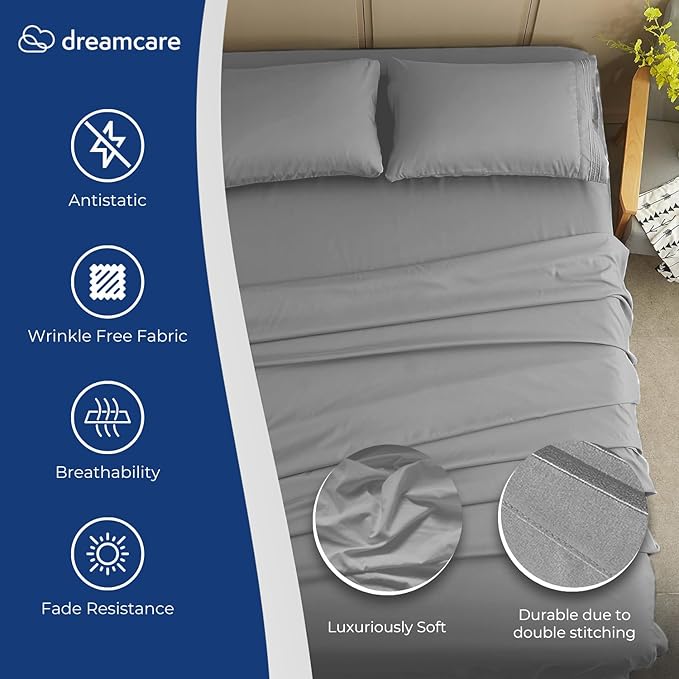 DREAMCARE California King Sheet Sets – 4 pcs Cooling Sheets – up to 21” Deep Cal King Sheets – Hotel Luxury Pillowcases – Superior Softness 100% Fine Microfiber with Side Pocket – Light Gray