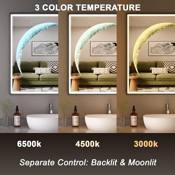 LED Bathroom Mirror, 32x32 inch Square Black Frame Mirror with 3 Color Lights, Half Moon Light, Defogger, Wall Mounted LED Vanity Mirror for Bedroom, Entryway, Living Room, Home Decor