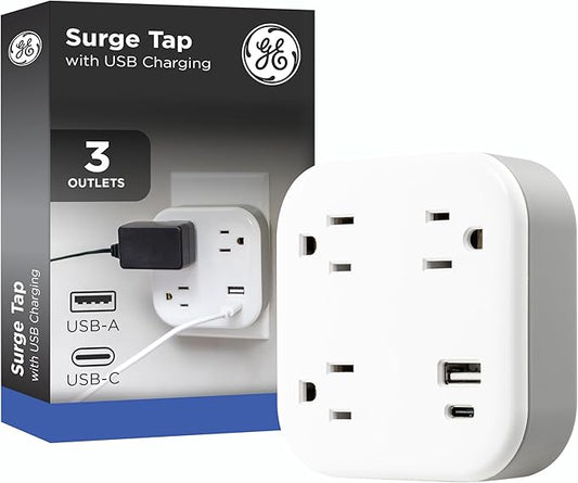 GE UltraPro 3-Outlet Surge Protector Wall Tap, 980J, USB-C & USB-A Ports, Adapter-Spaced Outlets, Circuit Breaker, ETL Certified, Low-Profile Design, White, 85875