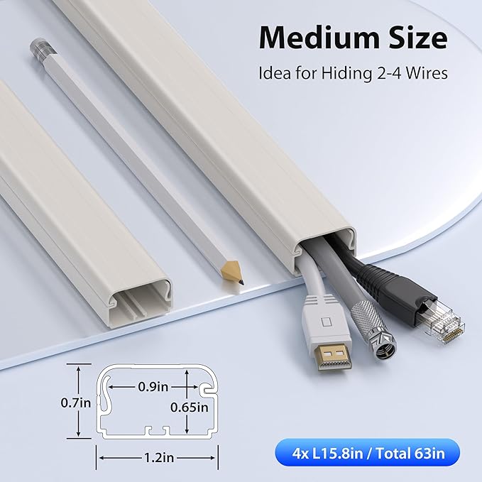 ZhiYo Large Capacity Wire Hiders for TV on Wall for 2-4 Cords, 63in (4xL15.8in) PVC Cable Cover with Adhesive Tape, Snap and Lock Design for Wall Mounted TV, Beige Cord Covers for Wires on Wall